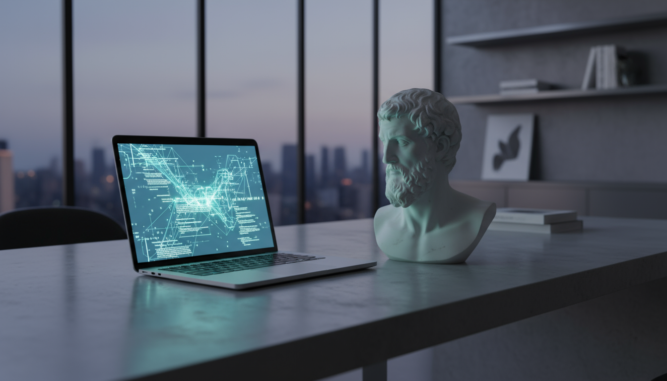 Un busto clásico frente a un portátil moderno