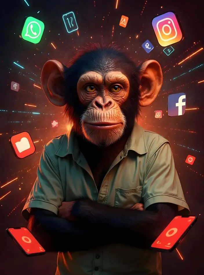 Schimpanse umgeben von Social-Media-Icons, die digitale Ablenkung darstellen