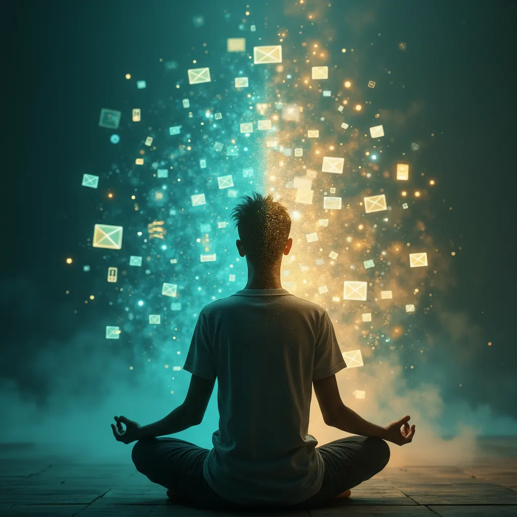 Persona meditando con elementos tecnológicos transformándose en luz